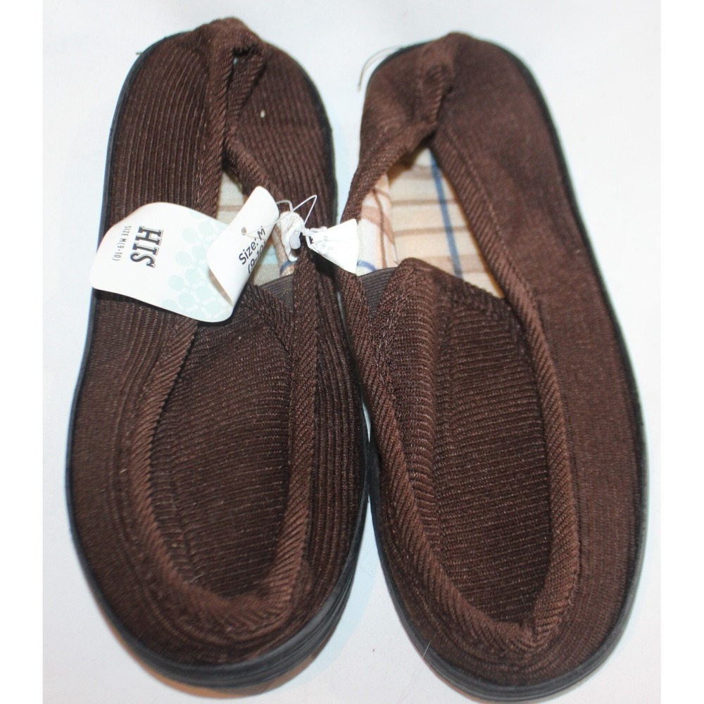 Men's HIS Slippers Size M 9-10 BrownPlaid Lining New w/Tags Machine Washable
